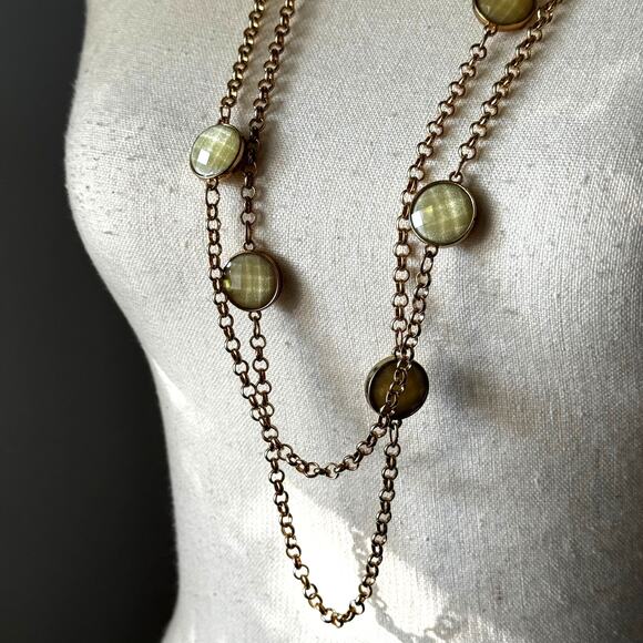 Charming Charlie Vintage Green Stone Gold Tone Double Layer Necklace Jewelry - Picture 3 of 5